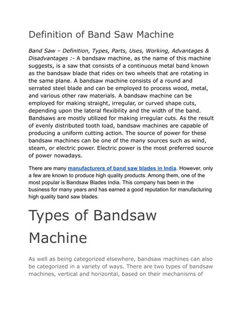 PPT - Bandsaw Machine – Definition, Types, Parts, Uses, Working ...