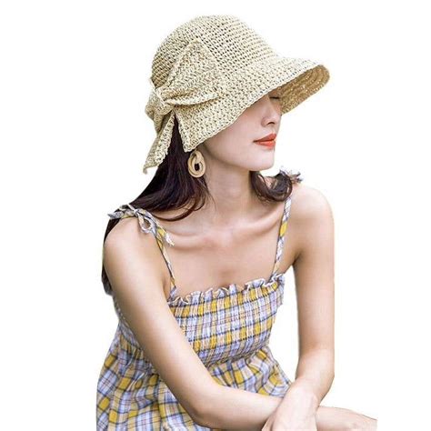 Janrevotw Women Sun Straw Hat Retro Woven Bow Sun Cap Bucket Hat Off ...