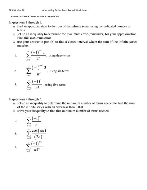 058 Alternating Series Error worksheet - AP Calculus BC Alternating ...