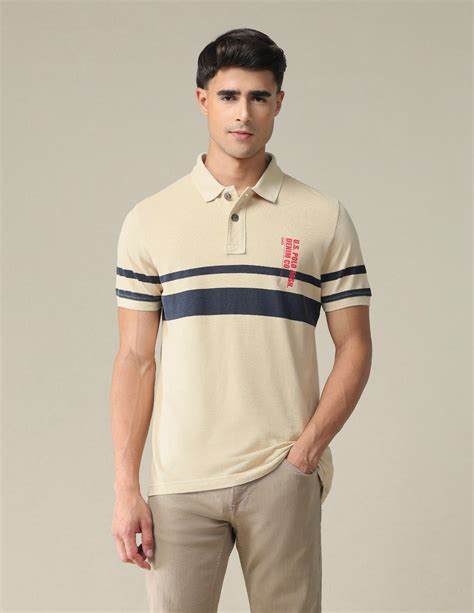 Buy Men Horizontal Engineered Stripe Cotton Polo Shirt Beige|U.S. Polo ...