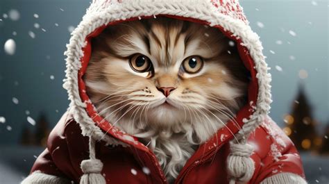 Cute cat in a jacket and hood in the snowy winter for Christmas and New ...
