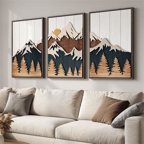 Amazon.com: Framed Textured Wood Mountain Wall Art for Living Room ...