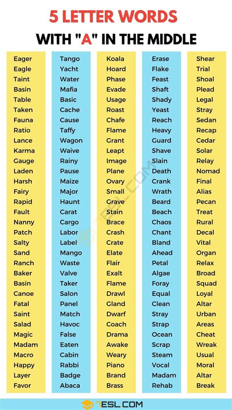 5 Letter Words with A in the Middle (890 Words in English) • 7ESL