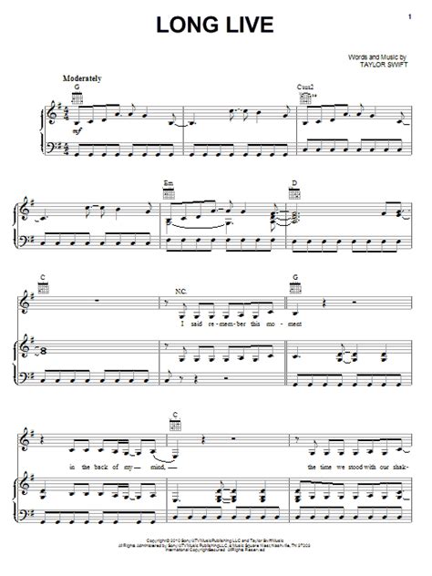Long Live sheet music by Taylor Swift (Piano, Vocal & Guitar (Right ...