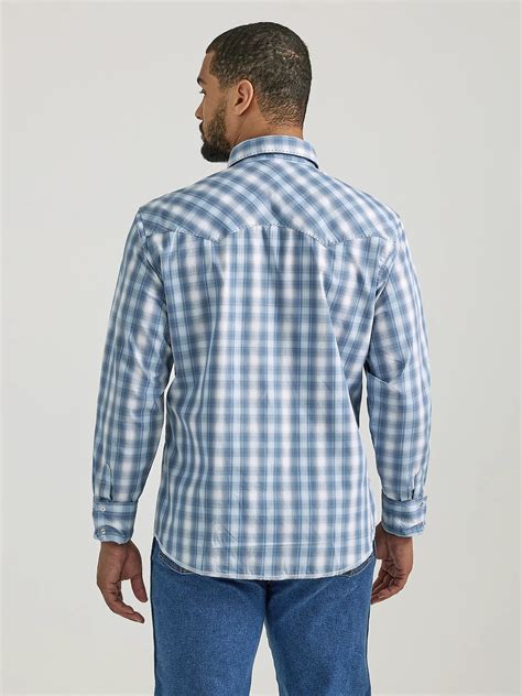 WRANGLER MENS SNAP PLAID SHIRT IN BABY BLUE PLAID | JRs Western Store