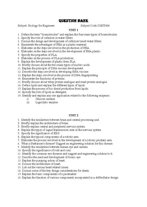 Biology For Engineers Unit-1-2-Question Bank - Question Bank Subject ...