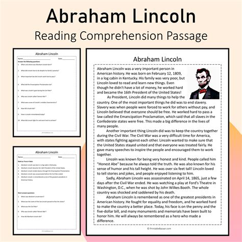 Abraham Lincoln | Reading Comprehension Passage Printable Activity ...