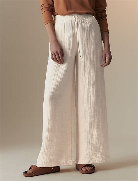 Buy Pure Cotton Textured Wide Leg Trousers at Marks & Spencer