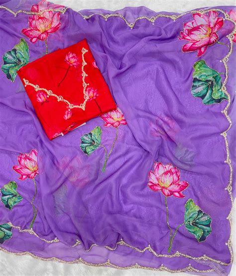 Soft Organza Saree with Floral Print & Beadwork – Unstitched Blouse ...