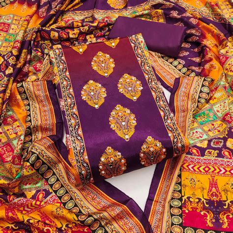 Purple Chinon Dress Material With Reflective Mirror Work & Floral Prin