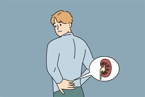 Unwell man touch back suffer from kidney pain having stones in body organ. Unhealthy guy ...