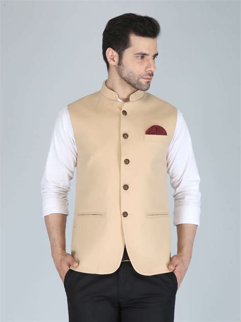 Solid Beige Casual Nehru Jacket For Men | Amogue