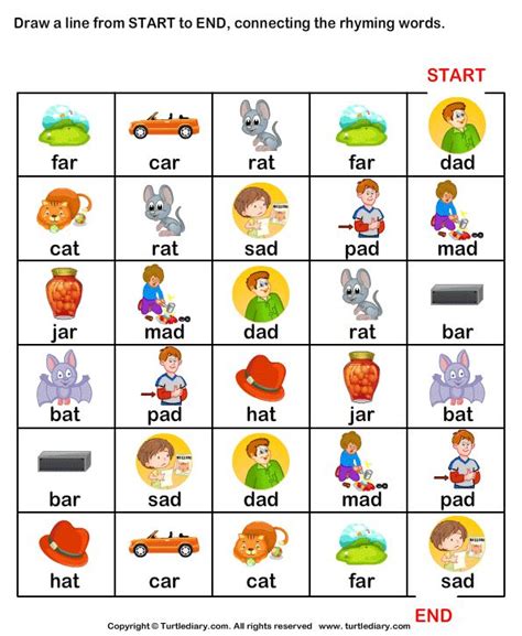 Draw Line from Start to End Connecting Rhyming Words ad | Rhyming words ...