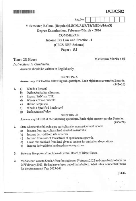 DCBC502 Income Tax Law & Practice Exam Paper 5.2 - V Sem B.Com 2024 ...