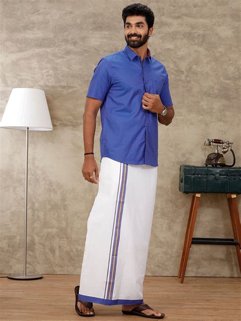 Ramraj Men Cotton Matching Border Dhoti & Half Sleeves Shirt Blue Set GL17