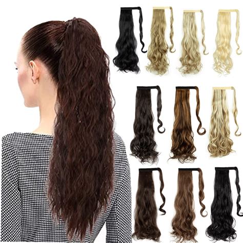 Long Wave Ponytail Extension Synthetic Wavy Curly Wrap Around Clip in ...
