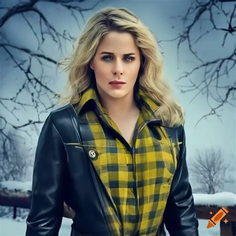 Close-up of a blond woman in a yellow plaid shirt under a black leather ...