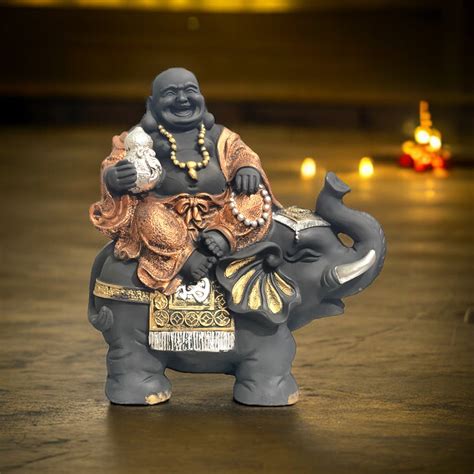 Laughing Buddha Sitting on Elephant Statue Resin Figurine H- 35 cm ...