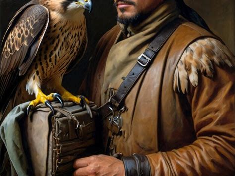 Man holding a falcon, in the centre of a group of people