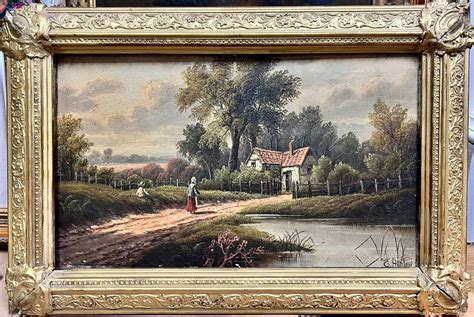 Etty Horton - Victorian English Oil Painting Figures in Rural Landscape by River Cottage For ...