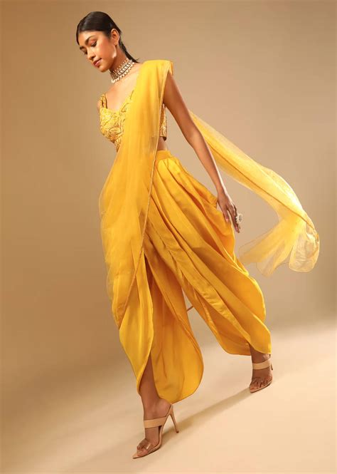 Buy Corn Yellow crepe Dhoti And Satin Crop Top Suit with matching ...