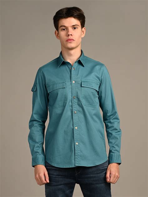 Full Sleeves Straight Fit Slate Emrald Green Heavy Twill Double Pocket ...