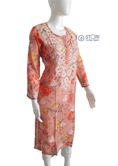 Floral Peach Cotton Mulmul Chikankari Kurti – STORI