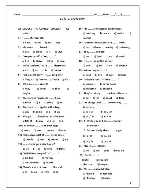 Image result for English Test Level Free Printable