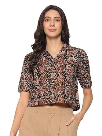 Buy HION HILS Women's Kalamkari Printed Cuban Collar Cotton Printed ...