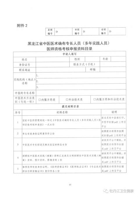 黑龙江省中医医术确有专长人员（多年实践人员）医师资格考核申报资料目录