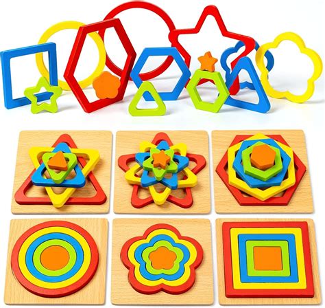 Toddler Puzzles Games Wooden Toys Montessori 6 Pack Shape Sorting ...
