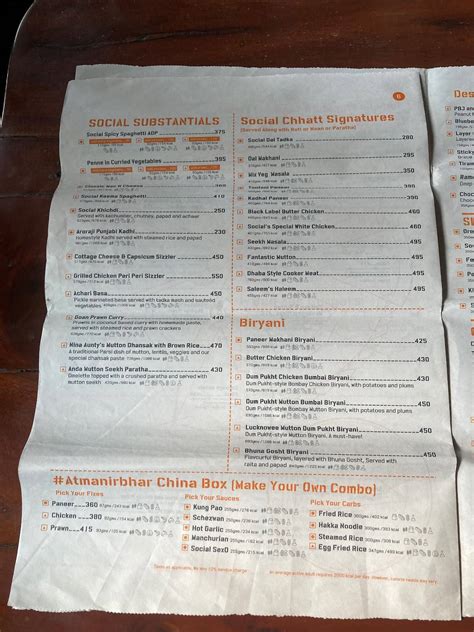 Menu at Nehru Place Social, New Delhi