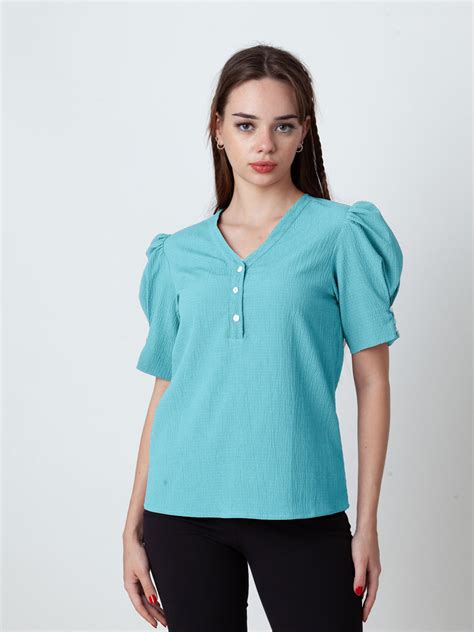 Buy Glacial Blue Solid Puff Sleeve Top - Zink London