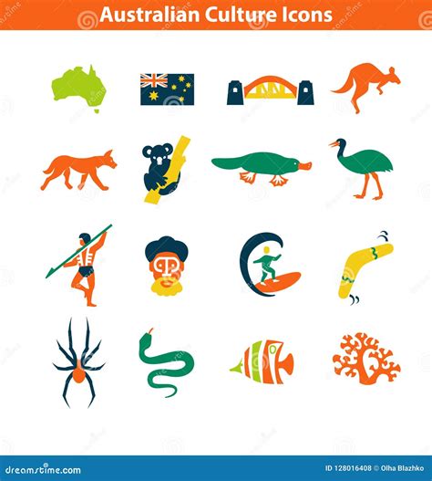 Australian Culture Icon Set. National Signs and Landmarks Stock Vector ...