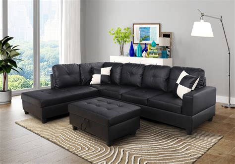 AYCP Furniture L Shape Sectional Sofa with Ottoman, Left Chaise, Black ...
