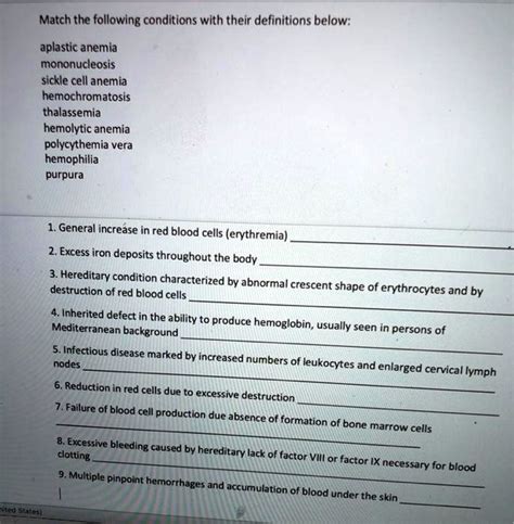Match the following conditions with their definitions below: aplastic ...