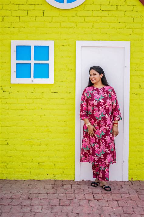 Plus Size Maroon Floral A-Line Cotton Kurta-Pant Set