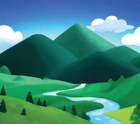 escena de la naturaleza con río y colinas, bosque y montaña ...