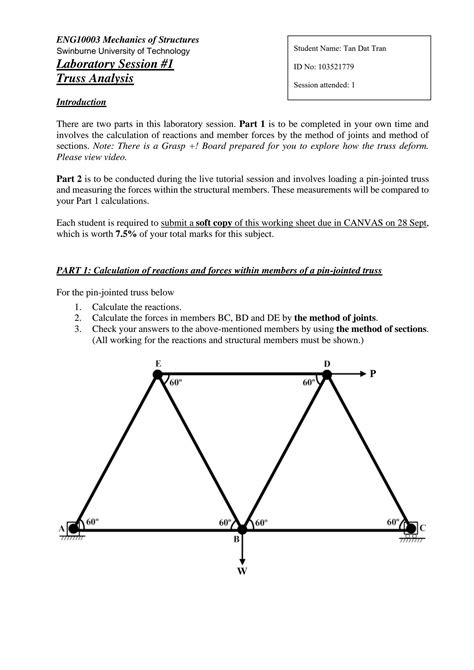 SOLUTION: Eng10003 lab1 truss analysis worksheet and working solutions sem 2 2021 - Studypool