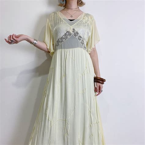70s cream color lace and rayon long dress | LEMON