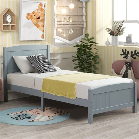 LegaHome Strong Gray Wooden Single Twin Bed Frame for Kids, Small Room ...