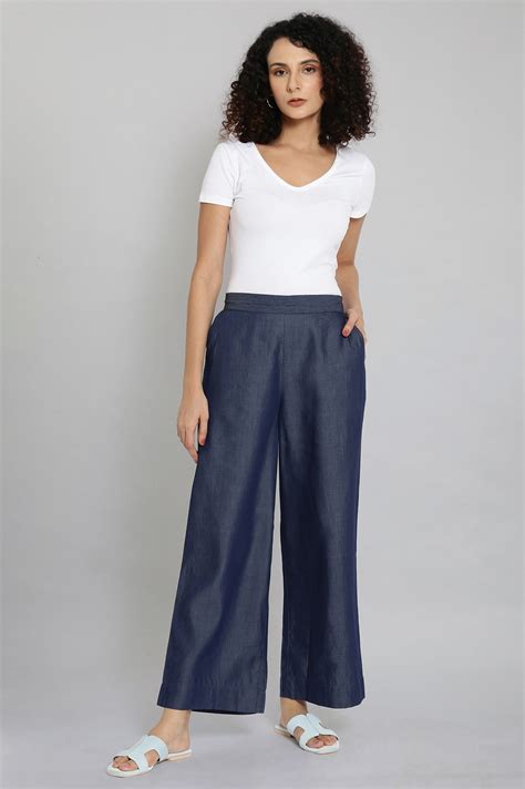 Buy Elleven Women's Navy Blue Solid Straight-fit Tencel Palazzo with ...