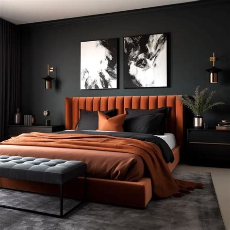 Pin on Charcoal *. | Bedroom orange, Bedroom interior, Black and copper ...