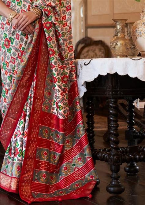 Double Ikkat Mirror Hand Work White Silk Sarees Online Shopping India ...