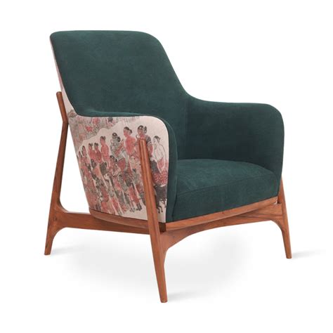 Syva - Teak Lounge Chair Green, Red Printed Fabric | Alankaram