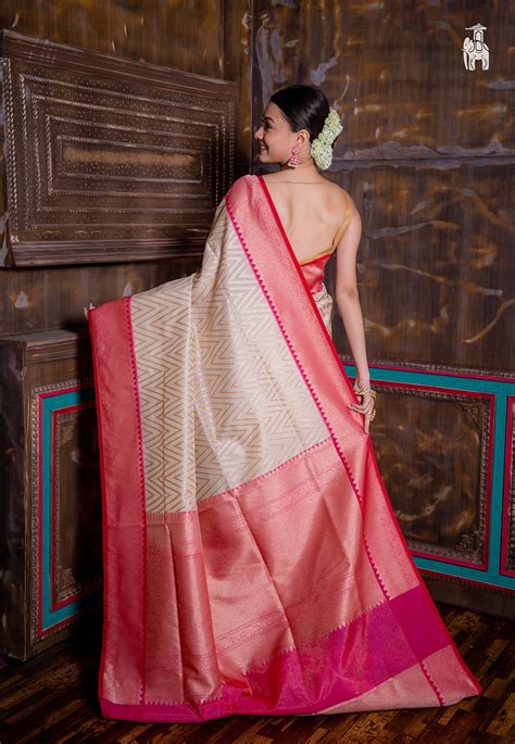 Purchase White Pink Organza Silk Sarees Online