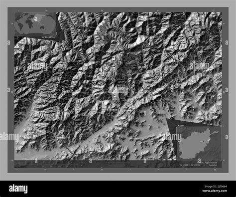 Kunar, province of Afghanistan. Bilevel elevation map with lakes and rivers. Locations and names ...