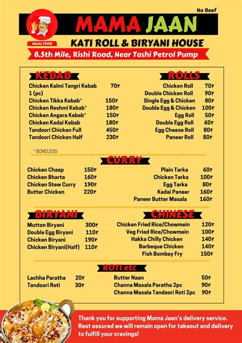 Menu at Mama Jaan, Kalimpong