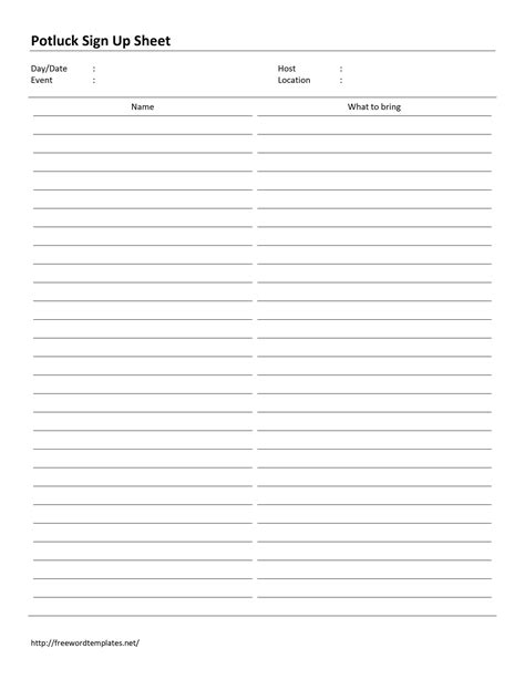 Potluck Sign Up Sheet Template Word