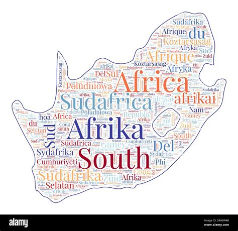 South Africa shape filled with country name in many languages. South ...